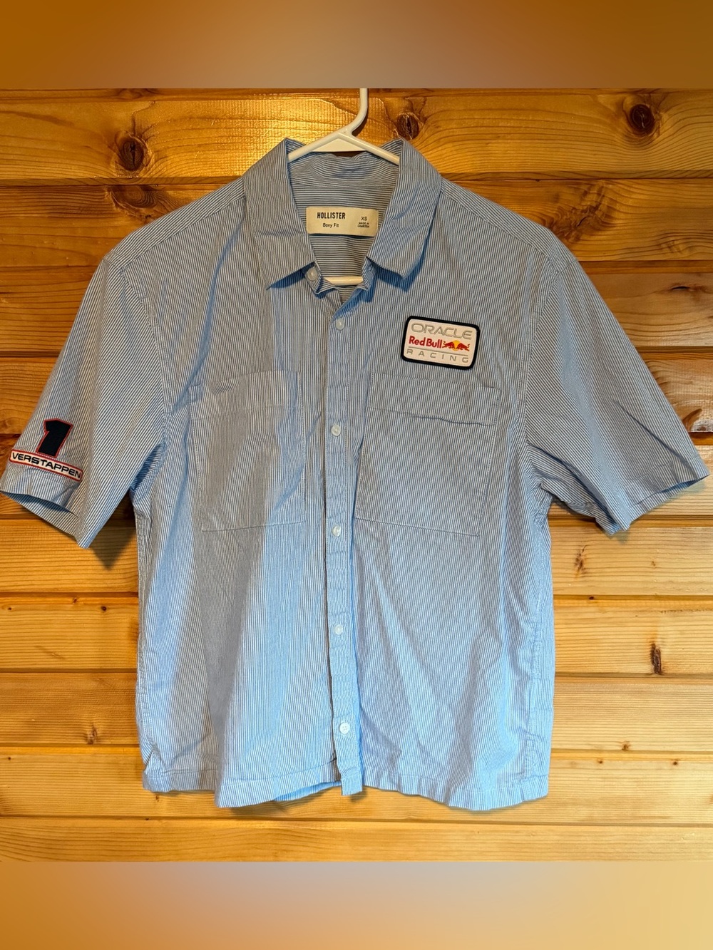 Hollister Light Blue Striped Short-Sleeve Button-Down with Racing Patch